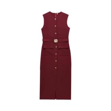 Imagem de Vestido Longo Preto Feminino Sem Mangas Com Botões Elegante Casual Pri