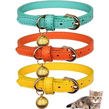 Imagem de Pacote com 3 coleiras de couro para gatos com sinos, coleira macia para animais de estimação, coleiras de gatinho com sino laranja, amarelo, verde menta (P)