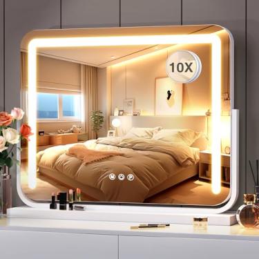 Imagem de Espelho de maquiagem de LED com luzes de 53 cm × 40 cm, espelho de controle de toque inteligente regulável com luzes para mesa de quarto, lupa de 10x e rotação de 360°, espelho quadrado branco