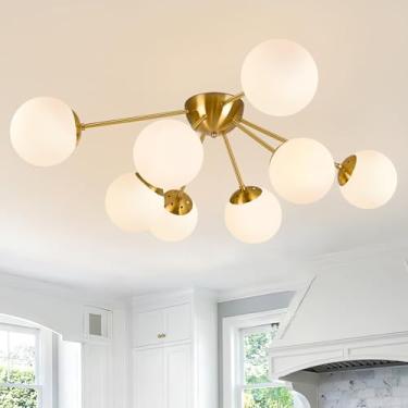 Imagem de Bagood Luz de teto moderna de 8 luzes de meados do século semi embutida luminária de teto globo luzes Sputnik lustre com sombra de vidro de leite, acabamento em latão escovado para quarto, corredor