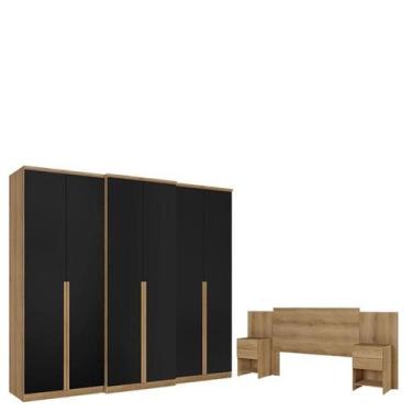 Imagem de Guarda Roupa Casal Valência 6 Portas Capuccino Preto Acetinado e Cabec