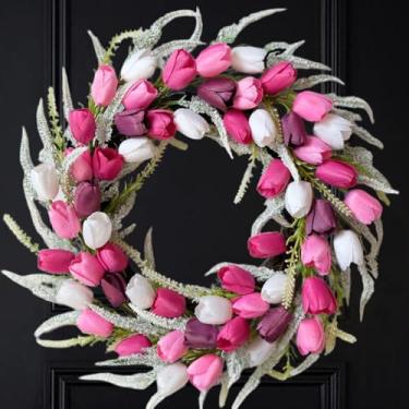 Imagem de Bibelot Guirlanda de Dia dos Namorados para porta da frente, guirlanda de tulipa de 50 cm com flores artificiais rosa, branco e roxo, guirlandas de dia dos namorados para decorações de festivais de