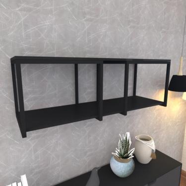 Imagem de Prateleira Industrial Suspensa Estante Parede Nicho Preto Ferro E Madeira Suporte Pratileira
