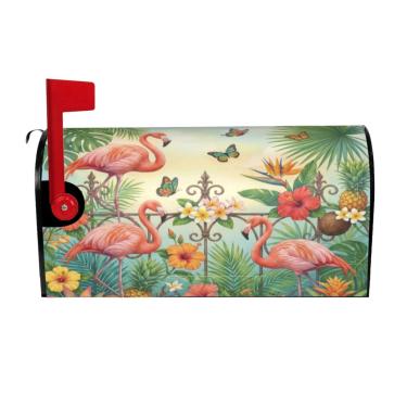Imagem de Gbuzozie Capa de caixa de correio botânica de flamingos tropicais folhas de palmeira magnética flores de verão borboletas impermeáveis envelopes de correio capas de caixa de correio para uso em jardim