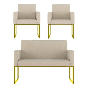 Imagem de Kit 2 Poltronas + Namoradeira Lugares Recepção Base Dourada Bege