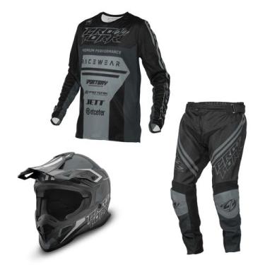 Imagem de Kit Motocross Adulto Pro Tork Brave Camisa + Calça + Capacete, Cinza, 