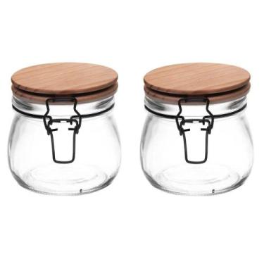 Imagem de Conjunto 02 Potes De Vidro Com Tampa Hermética De Bambu 600ml Wolff