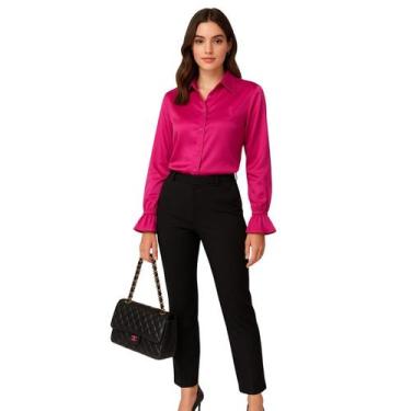 Imagem de Camisa Feminina Pink com Babado no Punho e Botões - Velvet, Rosa, 4