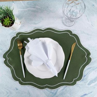 Imagem de Jogo Americano Realeza Bordado Branco 100% Poliéster Fácil Higienização e Secagem Rápida para Mesa de Jantar Verde Musgo