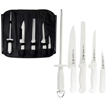 Imagem de Conjunto de Facas Profissional para Cortar e Descascar em Aço Inox com Chaira Inclusa Cozinha Branco Tramontina