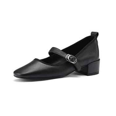 Imagem de TinaCus Sapato feminino de couro legítimo bico quadrado feito à mão fivela salto baixo grosso casual Mary Jane, Preto, 8