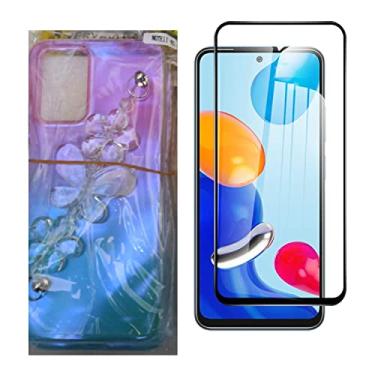Imagem de Kit Compatível Para Celular Xiaomi Redmi Note 11 4G Capa Feminina Com Alça Corrente e Brilhantes Película de Vidro 3D 5D 9D + Kit De Instalação (Colorida)