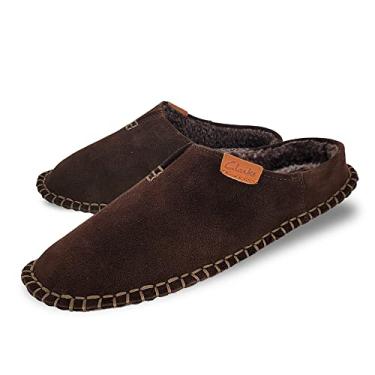 Imagem de Clarks Chinelo masculino de couro de camur a aberto nas costas com costura pesada JMS0752 - forro de pel cia sherpa - chinelo interno externo para casa masculina, Marrom escuro, 10