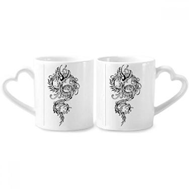 Imagem de Conjunto de canecas de porcelana com desenho de dragão da cultura chinesa de porcelana para casais com alça de coração