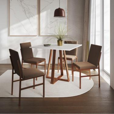 Imagem de Conjunto de Jantar Mesa Mônaco 90cm Tampo Branco com 4 Cadeiras Marrom Base Cobre