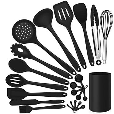 Imagem de E-far Conjunto de utensílios de cozinha de silicone, 23 peças de utensílios de cozinha pretos com suporte para panelas antiaderentes, inclui espátula/colher/concha/pegador/espátula, resistente ao calor e não tóxico, pode ser lavado na lava-louças