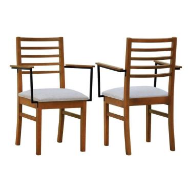 Imagem de Kit 2 Cadeiras Tiê Madeira Maciça Encosto Ripado C-braço Metal - Amêndoa Assento Estof. Linho Bege Mescla Impermeável