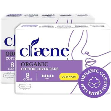 Imagem de Claene Almofadas de cobertura de algodão orgânico, livre de crueldade, absorventes menstruais noturnos para mulheres, sem perfume, respirável, vegano, guardanapos higiênicos naturais com asas (durante a noite, 2 pacotes, total 16)