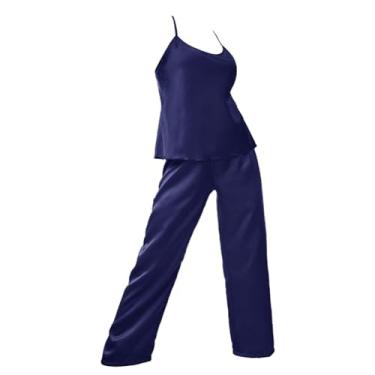 Imagem de ikasus Conjunto de pijama feminino super macio com calça de pijama longa, conjunto de pijama, Azul-marinho G, Tamanho Único
