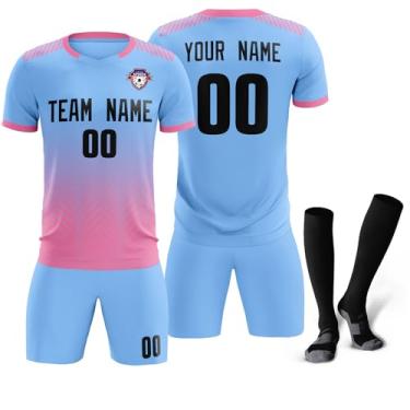 Imagem de Camiseta de futebol personalizada para homens, mulheres e crianças, camisetas e shorts de futebol personalizados com logotipo de número de nome, Azul claro e rosa - 46, One Size
