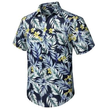 Imagem de Camisetas masculinas havaianas manga curta Aloha camisa masculina casual abotoada tropical Havaí floral verão praia festa, Azul marinho/cinza, GG