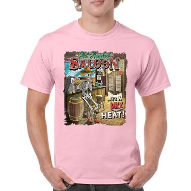 Imagem de Camiseta masculina Hot Headed Saloon But its a Dry Heat Funny Skeleton Biker Beer Drinking Cowboy Skull Southwest, Rosa claro, XXG