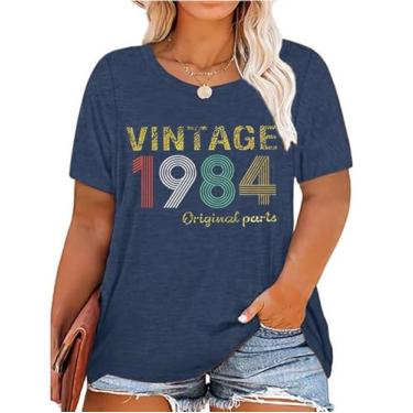 Imagem de Wudlads Camiseta feminina de presente de aniversário de 40 anos plus size vintage 1984 peças originais retrô festa camiseta casual manga curta, Azul, GG