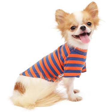 Imagem de LOPHIPETS Camiseta listrada 100% algodão respirável para cães pequenos Chihuahua - listras laranja e azuis/GG