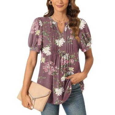 Imagem de Anyally Blusa feminina casual elegante de verão manga curta túnica tops plissados para o trabalho, Vinho floral plissado, XG