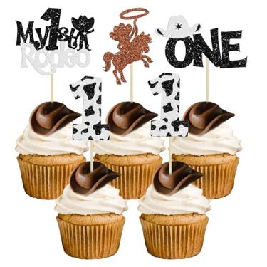 Imagem de 24 peças de cowboy 1º aniversário cupcake toppers glitter primeiro aniversário chapéu cowboy um bolo decorações para chá de bebê crianças meninos 1º aniversário suprimentos branco