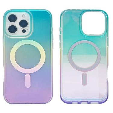 Imagem de Capa magnética compatível com iPhone 16 Pro Max 6,9 polegadas 2024 para carregamento MagSafe TPU macio bumper fina à prova de choque linda capa protetora com protetor de tela (degradê holográfico