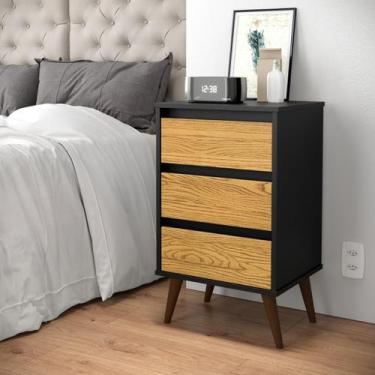 Imagem de Mesa De Cabeceira Wood Pés Palito 3 Gavetas Retrô  - EJ MÓVEIS, Preto/