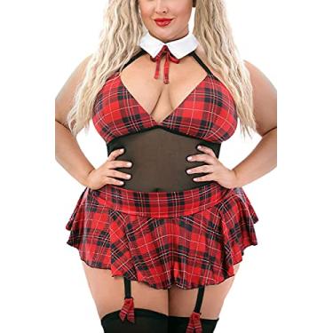 Imagem de EVELUST Lingerie feminina de estudante plus size – Conjunto de fantasia de saia com estampa de uniforme xadrez xadrez transparente frente única, Vermelho, XX-Large