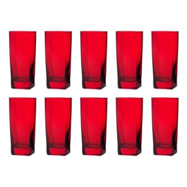 Imagem de Conjunto Com 10 Copos Vidro Bali Quadrado 320ml Vermelho - PRATICASA