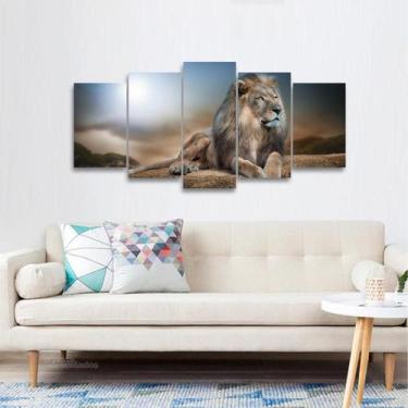 Imagem de Quadro Leão Mosaico 5 Peças Deitado Quarto Hall Mdf 125x60 - Wall fram
