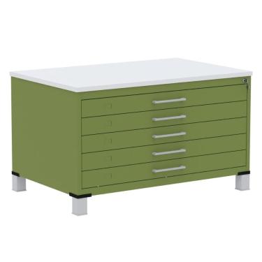 Imagem de Mapoteca 5 Gavetas Pandin 120 cm (Larg) Inmetro Tampo MDP Branco Estrutura e Gavetas em Aço Verde