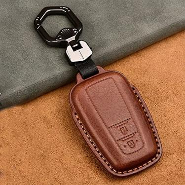 Imagem de CSHU Couro da capa da chave do carro capa chaveiro anel chave bolsa, adequado para Toyota Camry Prius Corolla C-HR CHR RAV4 Avalon Land Cruiser Prado 2018 2019 2020, marrom escuro A