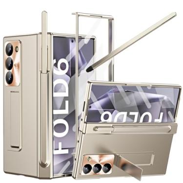 Imagem de YQODSZ Capa para Samsung Galaxy Z Fold 6 com suporte para caneta S e caneta stylus fina dourada, Z Fold 6 com protetor de tela de proteção de dobradiça, suporte, tudo incluído, capa fina para Z Fold 6