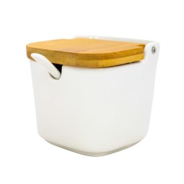 Imagem de Porta Saleiro Manhattan De Porcelana E Tampa De Madeira Bambu Com Colher (Branco Quadrado Liso)