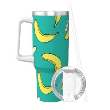 Imagem de PTONUIC Copo Bananas On Green 1,134 g com alça e tampa de canudo | Copo isolado reutilizável de aço inoxidável garrafa de água caneca de viagem porta-copos amigável | presentes para mulheres homens