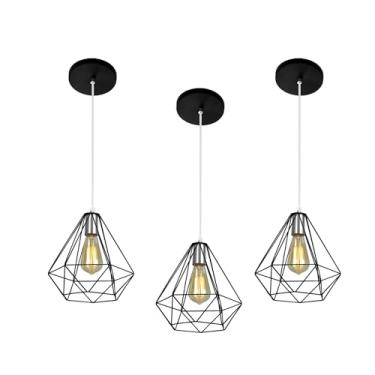 Imagem de Pendentes Luminárias Teto Aramado Diamante Preto Kit C/3