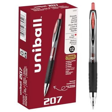Imagem de uni-ball® 207™ Canetas de gel retráteis para prevenção de fraude, ponta média, 0,7 mm, canos pretos, tinta vermelha, pacote com 12