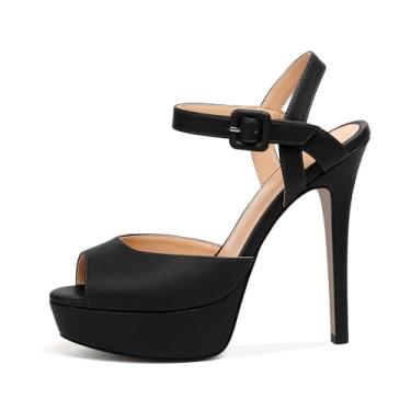 Imagem de Joseywade Sandália feminina salto alto plataforma salto alto peep toe 5,5 polegadas festa dança elegante sapato tira tornozelo, Preto fosco, 38
