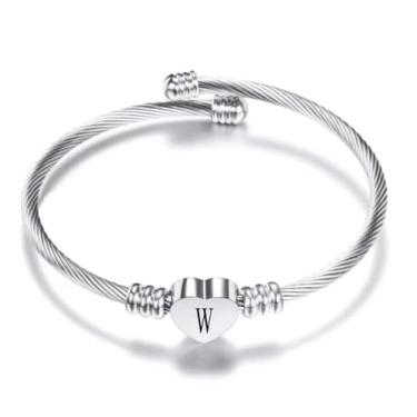 Imagem de BlingNuts Pulseira de prata com iniciais de coração de aço inoxidável A-Z gravada joia feminina para aniversário e Natal, F, Aço inoxidável, Sem Pedra Preciosa