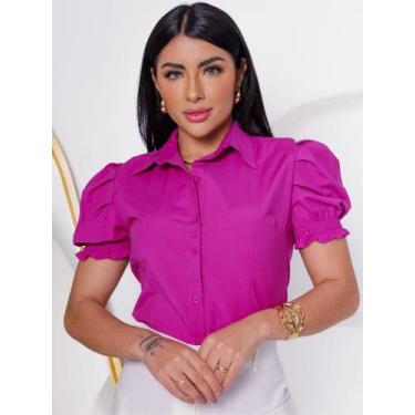 Imagem de Camisa Feminina Social Elegante Manga Curta Bufante Princesa COR:Fúcsi