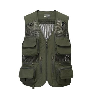 Imagem de Colete De Pesca Sem Mangas Com Vários Bolsos Para Homens Malha Respirável Ao Ar Livre, Jaqueta Casual De Verão Para Caça Fotografia Trabalho Zíper Colete, Para Seu Acampamento, Caminhada(Military gree