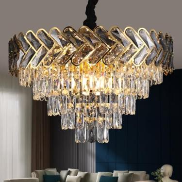 Imagem de AVLRM Lustre De Cristal Moderno Dourado De 24" Com Cristais K9 Redondos, Luminária Ajustável De Teto, Luminária Pendente De Cristal De 5 Níveis, 9 Luzes Para Sala De Jantar, Sala De Estar, Hall De E