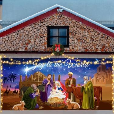 Imagem de VitalCozy 3 Pçs Faixa de porta de garagem de Natal com cordão de luz grande cena de manjedoura pano de fundo de Natal religioso Jesus capa de porta iluminada faixa de presépio de feriado (1,8 x 4 m)