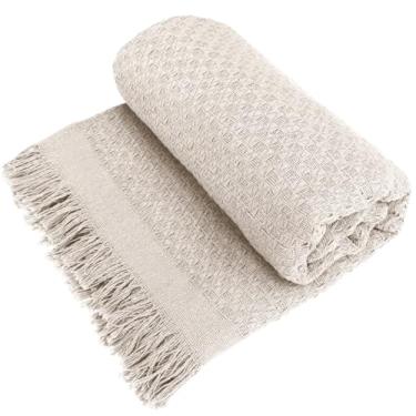 Imagem de Decolab Manta para Sofá em Algodão com Franjas Artesanais | Cobertor Decorativo para Sofa, Poltrona e Cama | Estilo Boho Chic (Branca-Cru)