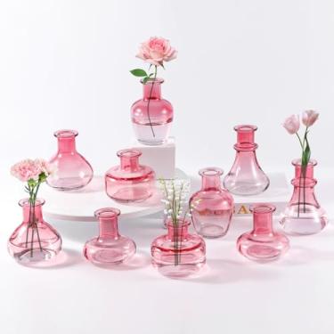 Imagem de Vaso de vidro gradiente rosa, 10 peças/conjunto de pequenos vasos de flores decorativos modernos, decoração de casa estética minimalista, centros de mesa de casamento vintage para uma única flor rosa